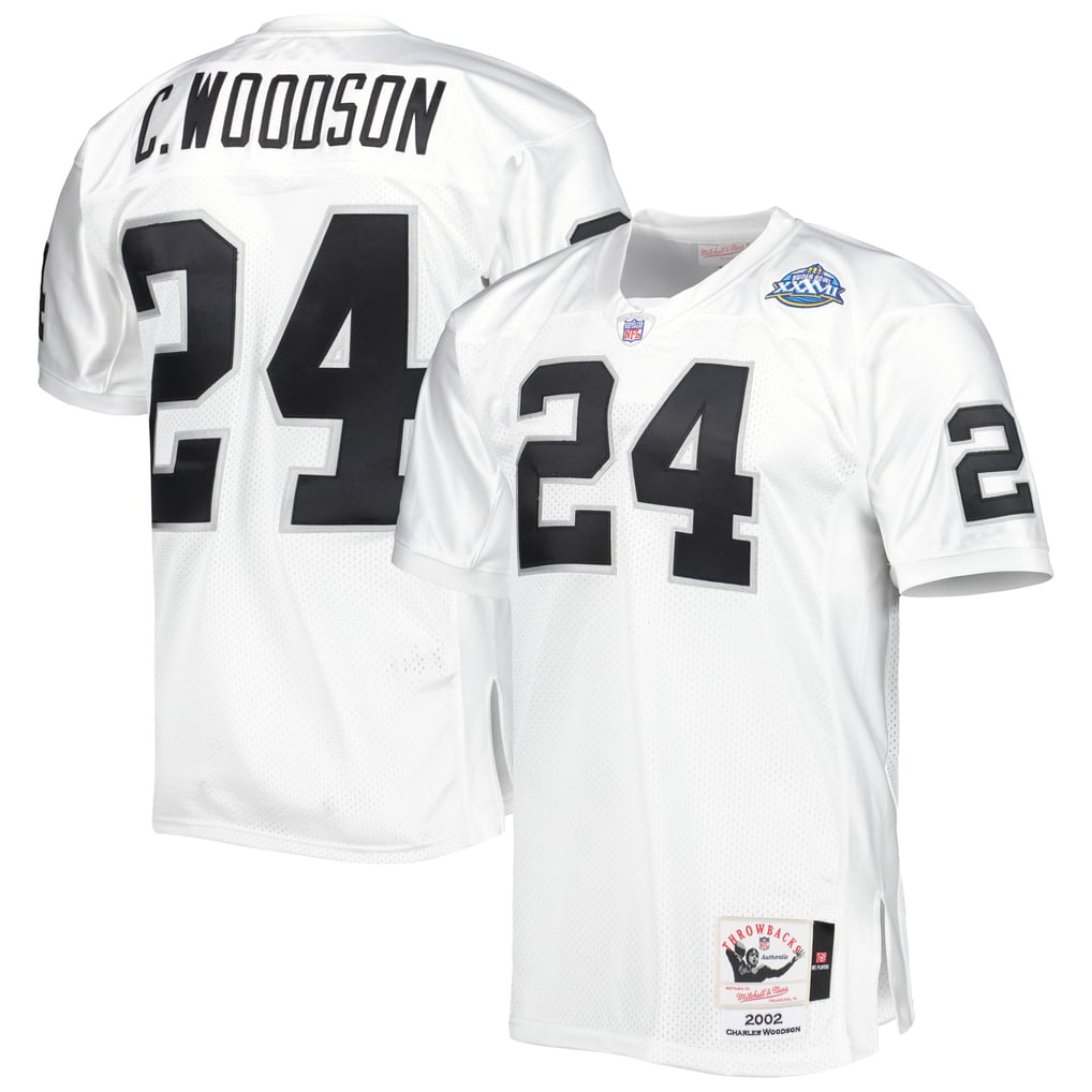 Men's Las Vegas Raiders 2002 Charles Woodson Mitchell & Ness White Authentic Throwback Retired Player Jersey - Image 2