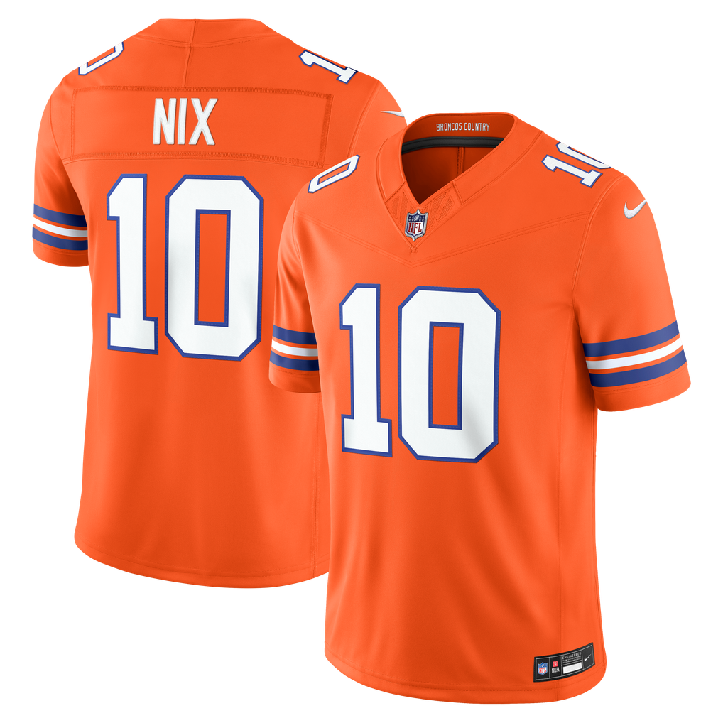 Men's Denver Broncos Bo Nix Nike Orange Alternate Mile High Collection 1977 Throwback Vapor F.U.S.E. Stitched Limited Jersey - Image 1
