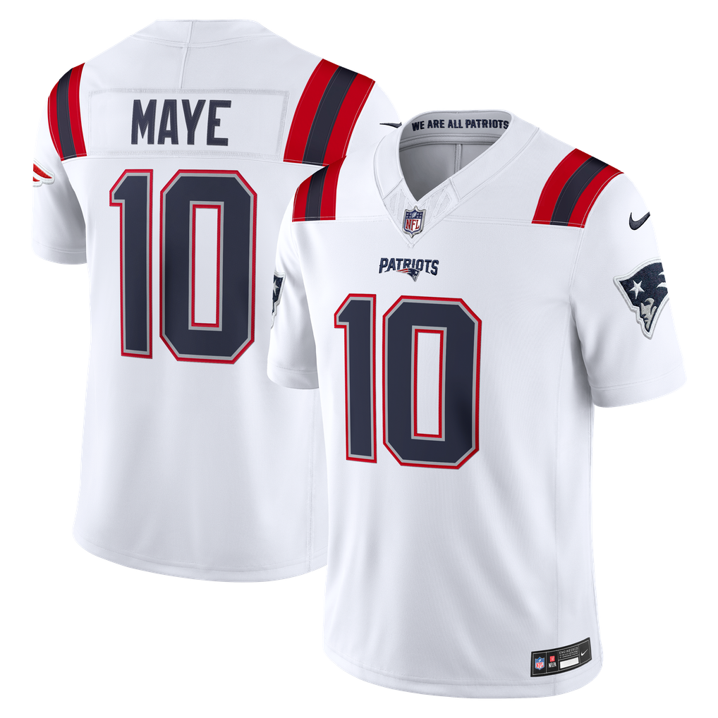 Men's New England Patriots Drake Maye Nike White Vapor F.U.S.E. Stitched Limited Jersey - Image 1