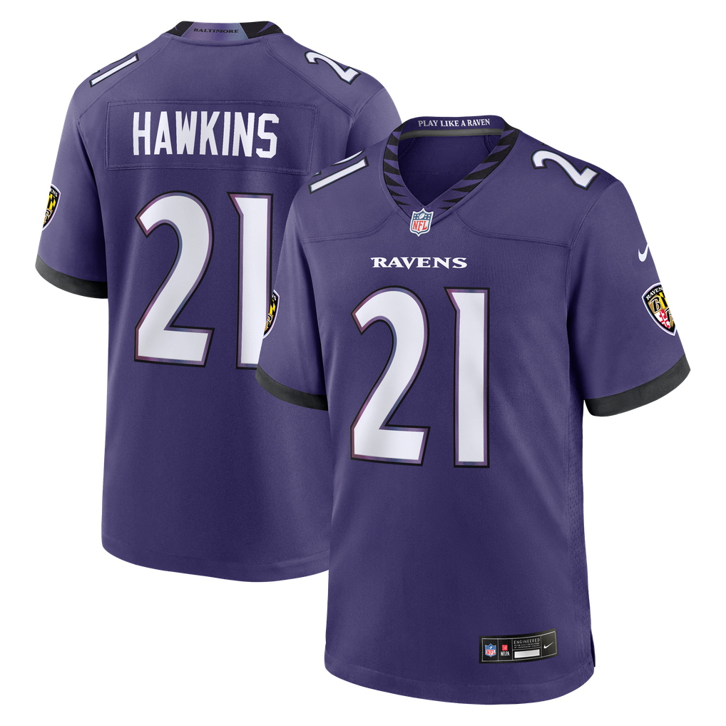 Men's Baltimore Ravens Jaylinn Hawkins Nike Purple Team Game Jersey