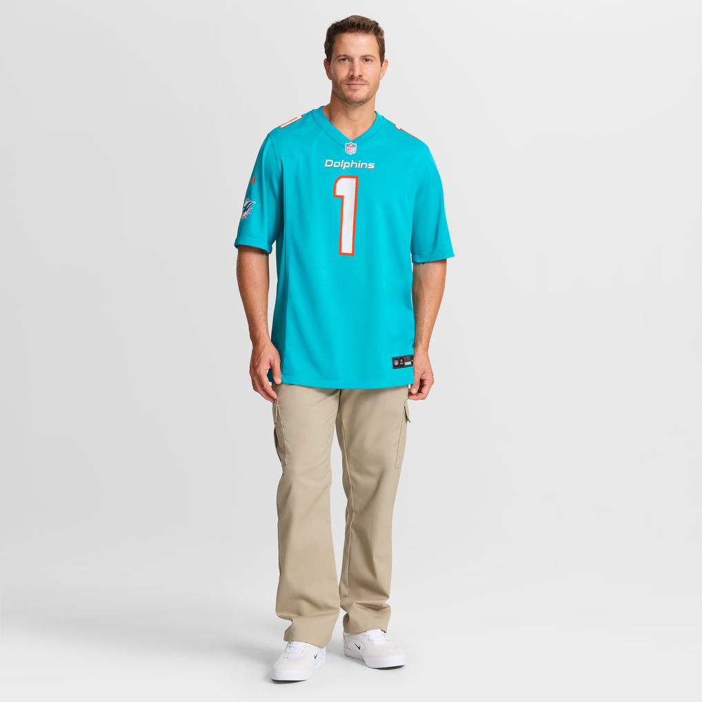 Men's Miami Dolphins Number 1 Groom Nike Aqua Game Jersey - Image 8