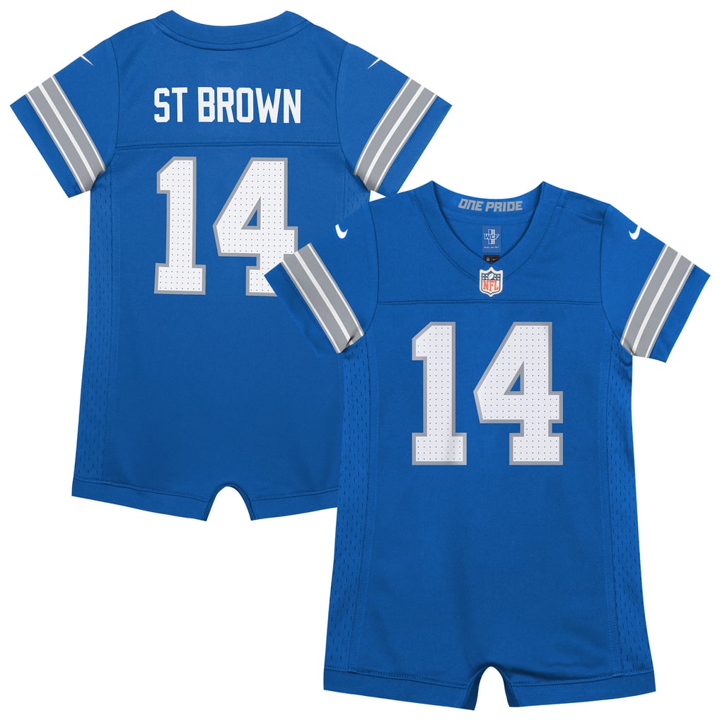 Newborn Detroit Lions Amon-Ra St. Brown Nike Blue Romper Game Jersey - Image 1