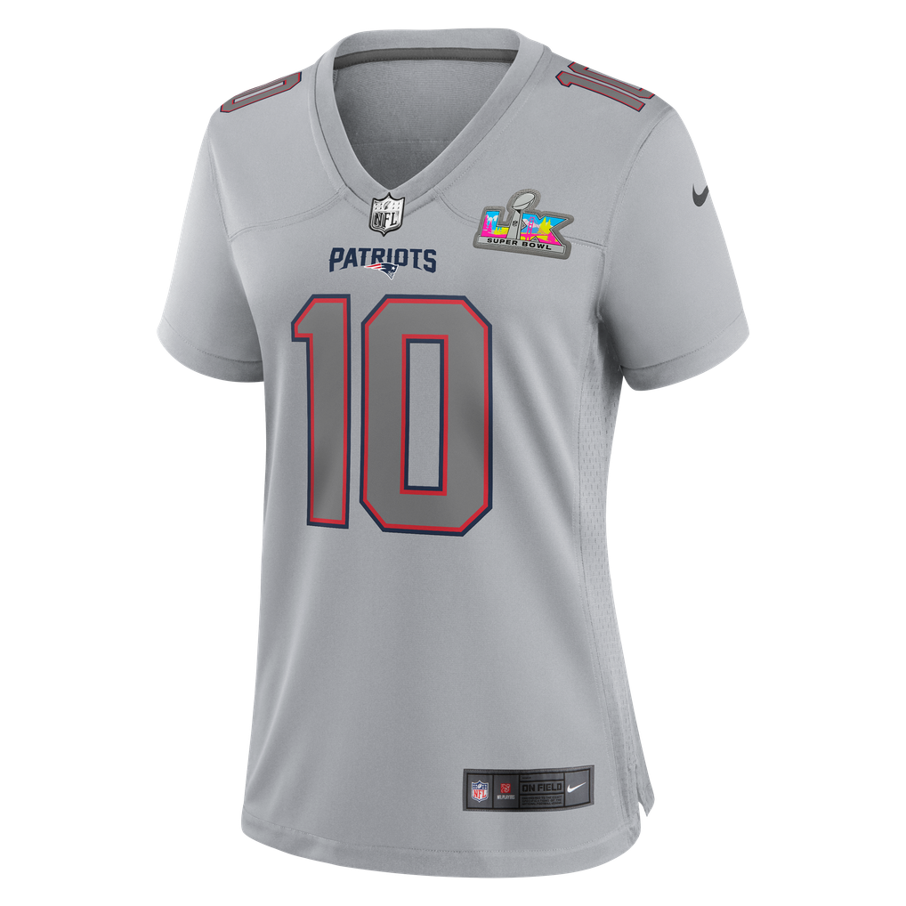 Women's New England Patriots Drake Maye Nike Silver Super Bowl LX Patch Atmosphere Fashion Game Jersey - Image 3