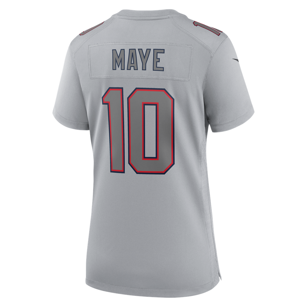 Women's New England Patriots Drake Maye Nike Silver Super Bowl LX Patch Atmosphere Fashion Game Jersey - Image 4