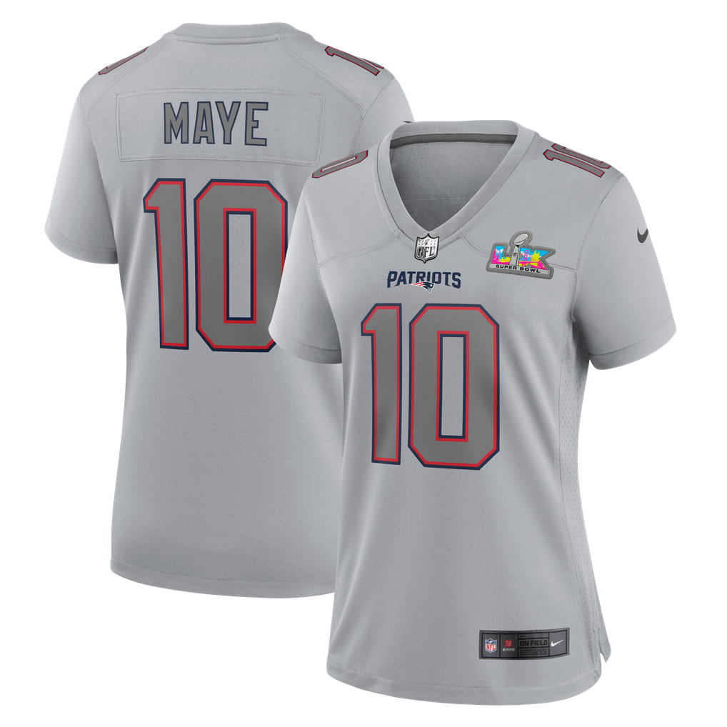 Women's New England Patriots Drake Maye Nike Silver Super Bowl LX Patch Atmosphere Fashion Game Jersey - Image 1