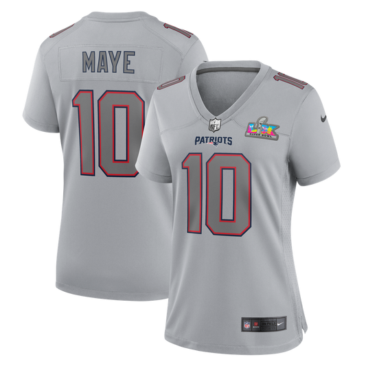 Women's New England Patriots Drake Maye Nike Silver Super Bowl LX Patch Atmosphere Fashion Game Jersey - Image 1