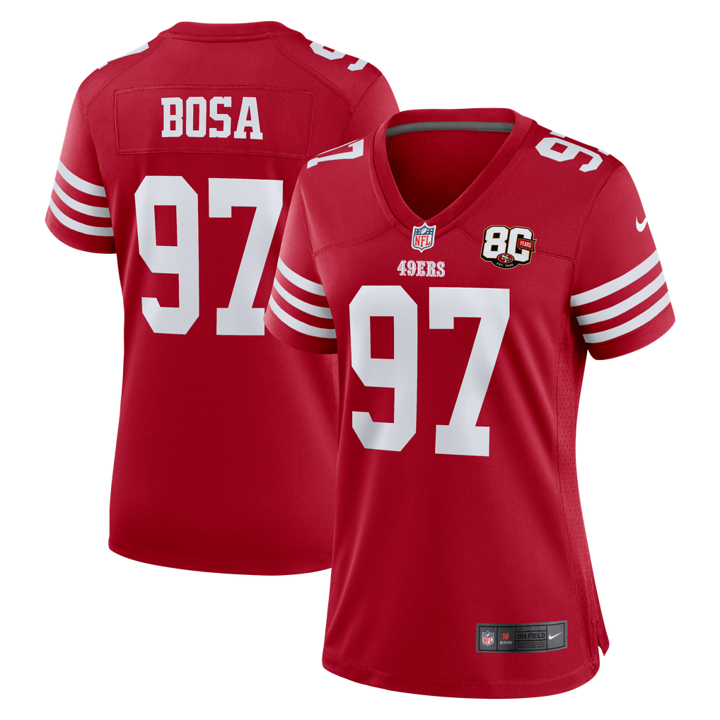 Women's San Francisco 49ers Nick Bosa Nike Scarlet 80th Anniversary Game Jersey - Image 1