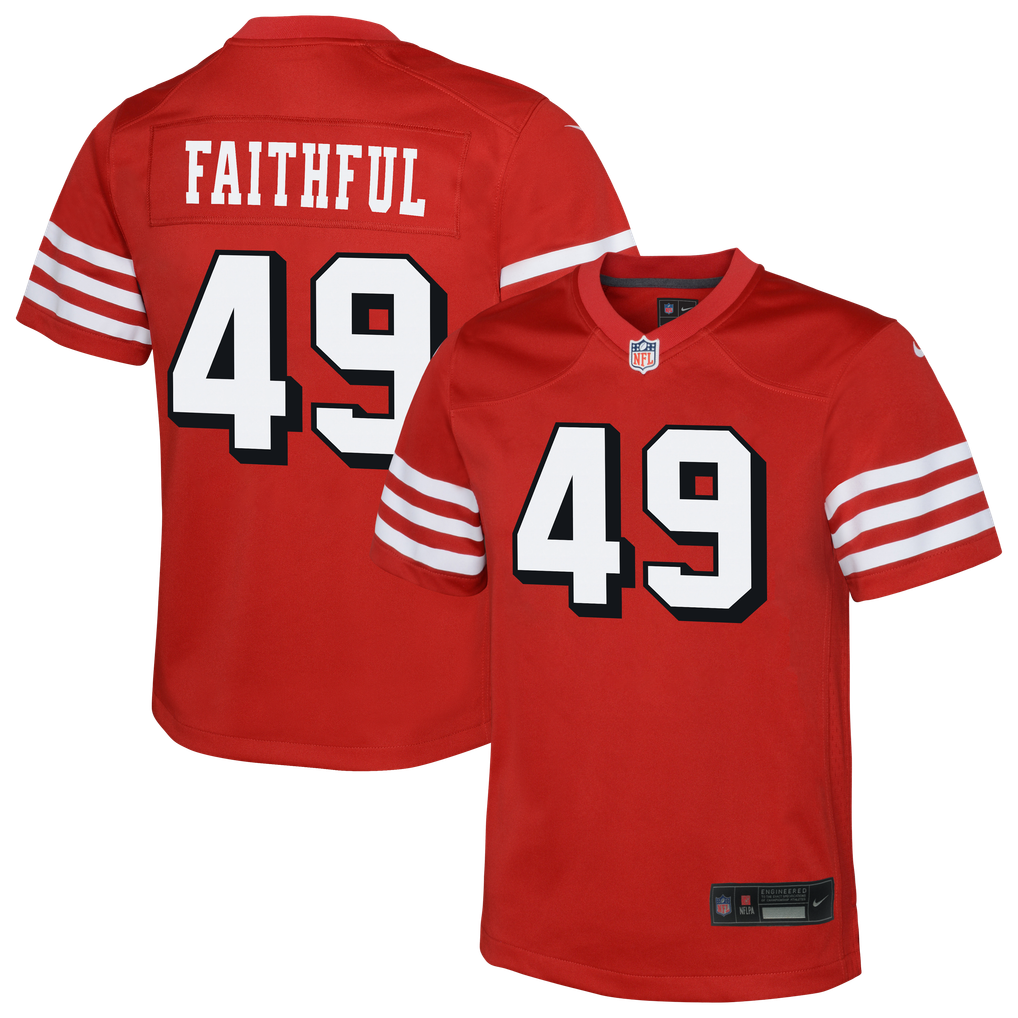 Youth San Francisco 49ers The Faithful Nike Scarlet Alternate 2 Game Jersey - Image 1